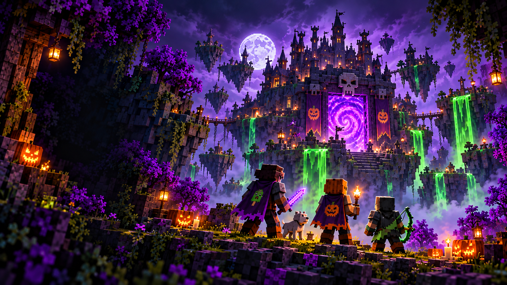 A haunted voxel castle with purple portals and green waterfalls